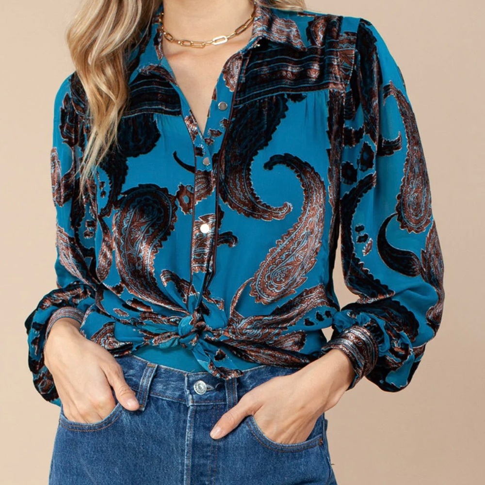 Hale Bob Women’s Dina Silk Velvet Burnout Top Teal Blue (Blouse Only) Size XS